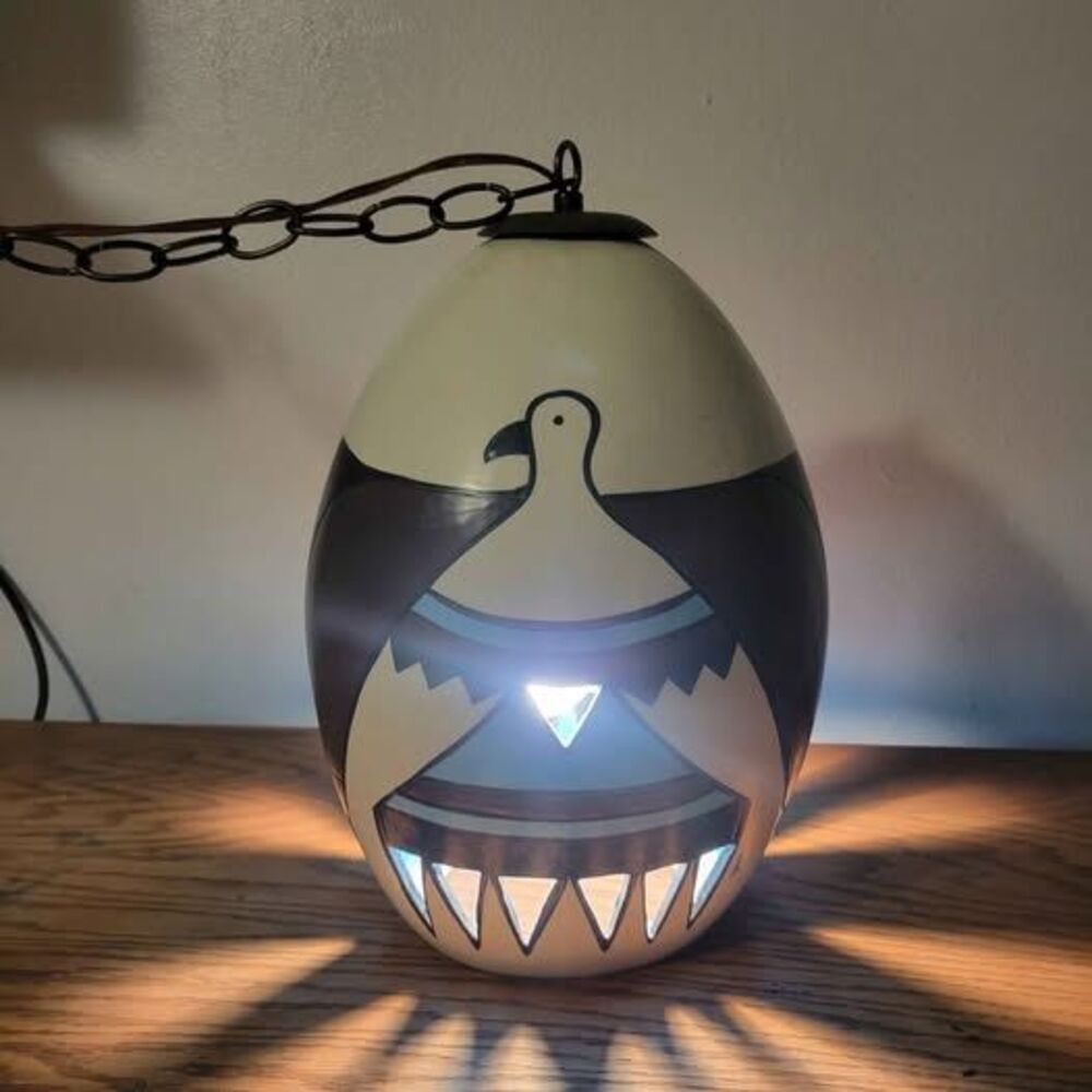 Vintage Pueblo Pottery Swag Lamp - 14" Hand Painted - 12ft Chain - Works Perfect